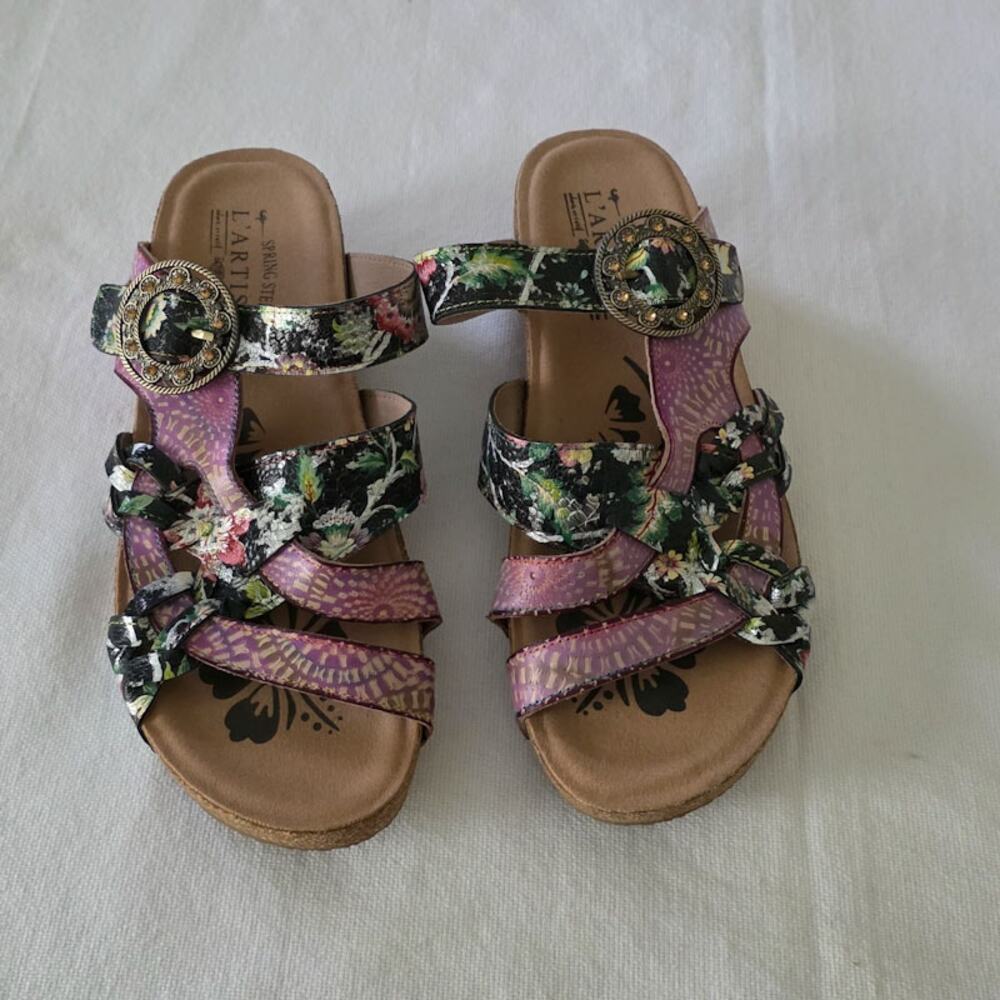 L'Artiste Women's Pink Navy Spring Step Swan Slide Sandals 41 10 Leather Floral - Picture 8 of 8